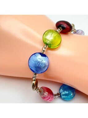 Vtg Venezia Multicolored Glass Bead Bracelet Adjustable 8.5" Lobster Clasp